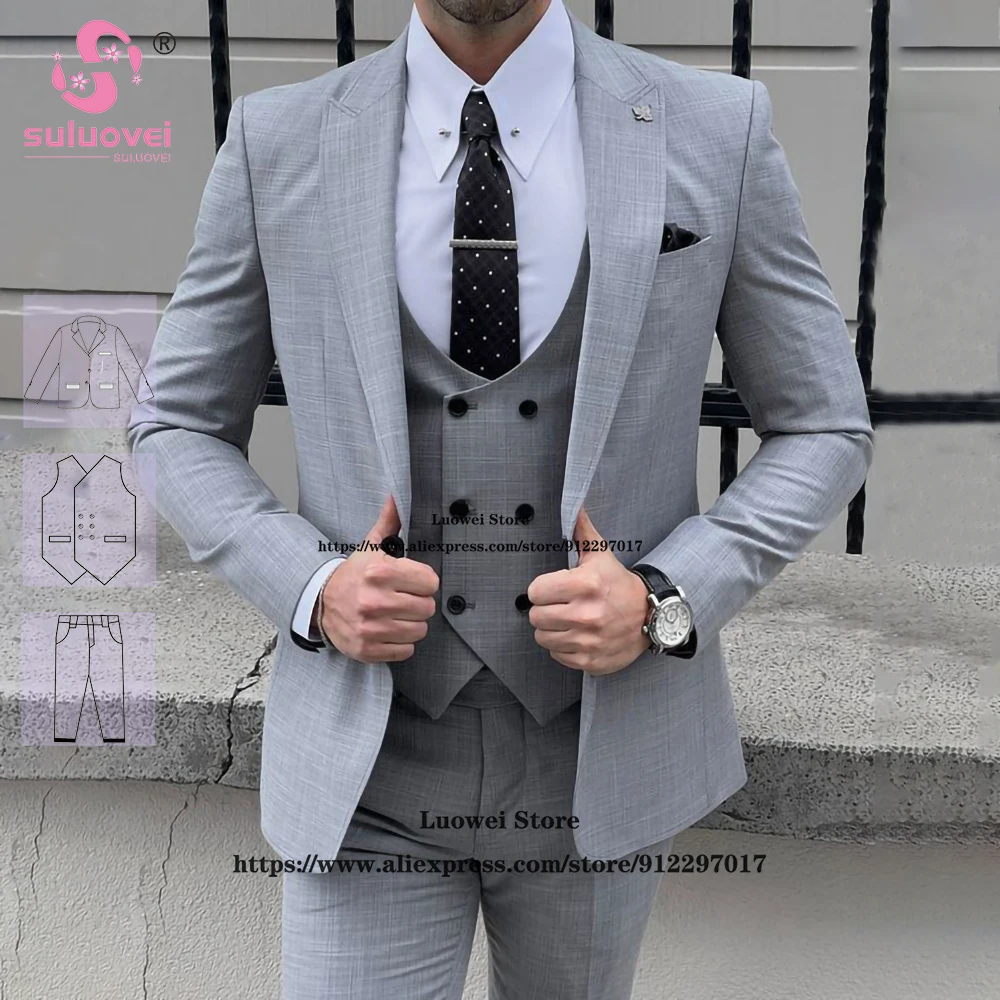 

Летние тонкие льняные костюмы для мужчин, облегающие элегантные комплекты из 3-х предметов, куртка, жилет и брюки, формальный жених, свадебный смокинг с остроконечными лацканами