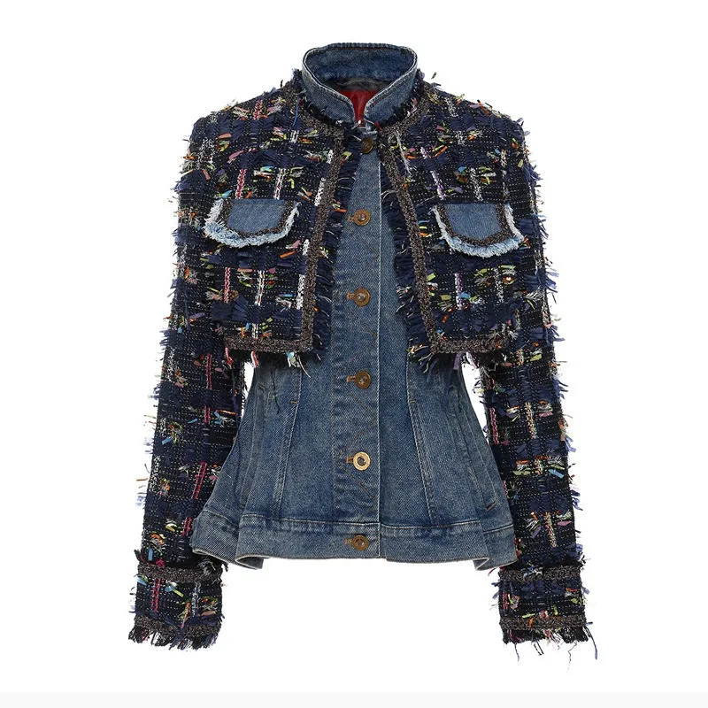 

Jackets for Women Denim Splice Detachable Fake Two Piece Denim Coat Vest Autumn Heavy Industry Fragrant Top