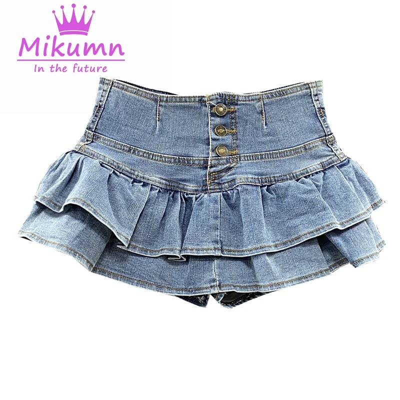 Harajuku Girl High Waist Single-Breasted Ruffles Cake Denim Skirt Woman Summer Sexy Jeans Skirts Students Kawaii Pleated Skirt