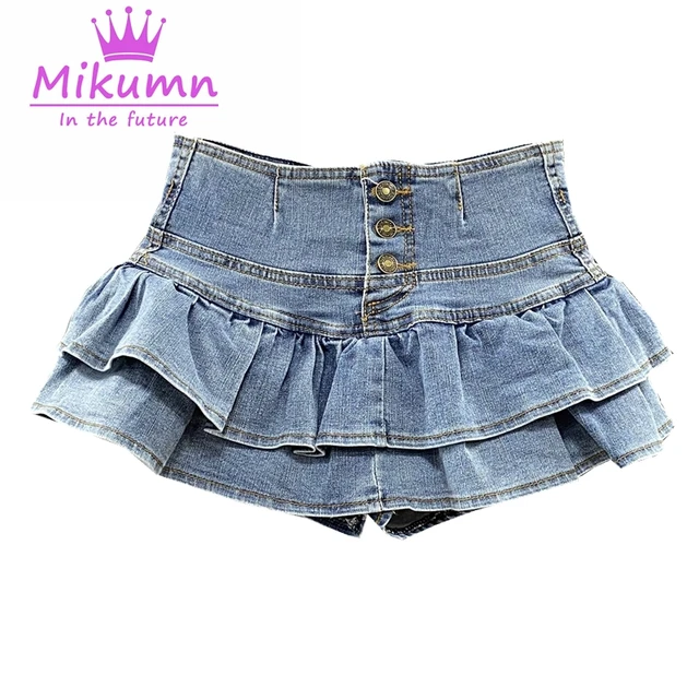Harajuku dziewczyna wysokiej talii jednorzędowe Ruffles ciasto jeansowa spódniczka kobieta lato seksowne dżinsy spódnice studenci Kawaii plisowana spódnica