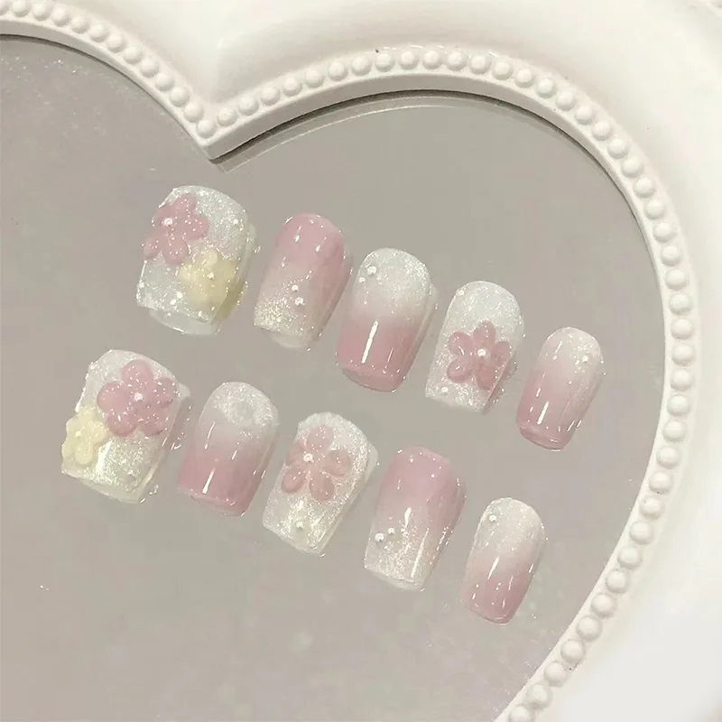 10Pcs Women Handmade Press On Nails Full Cover Flowers Design French Short Ballerina False Nails Wearable Manicure Nail Tips