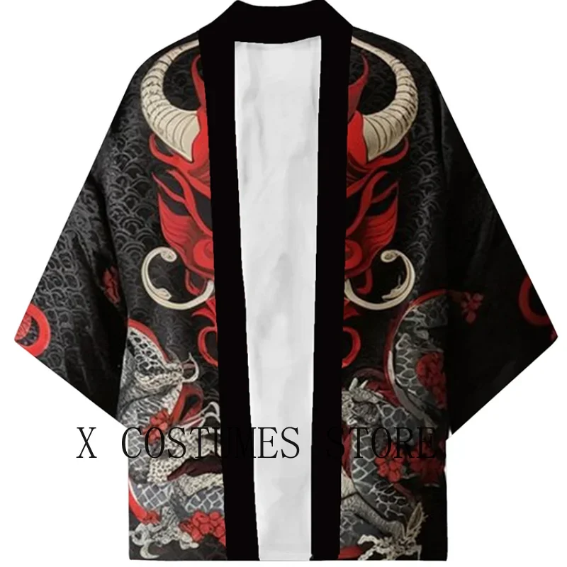 Demon Samurai Dragon Print Kimono Cardigan Japanese Kimono Yukata Harajuku Cardigan for Men Traditional Haori Kimono Women