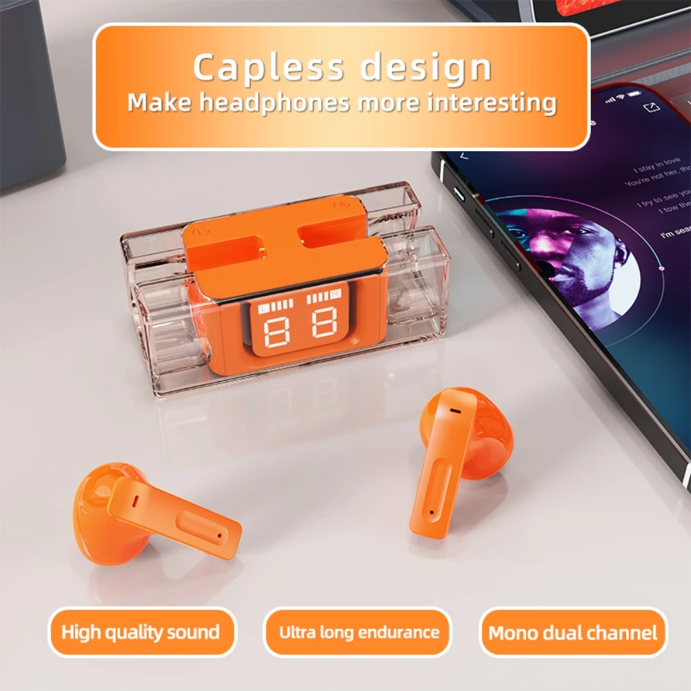 Clear Wireless Gaming Earbuds BT5.2 Dual Stereo HiFi Headphone with Charging Case Sport LED Digital Display In-ear Earphone E89