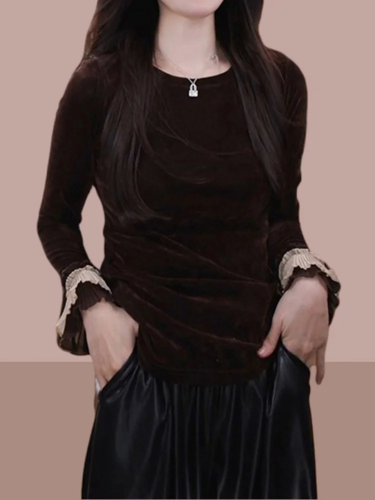 Coreano Sle Lace Bell Sve Patchwork Bla Velvet mujer irt Faionable otoño capa Base Top Commute Friendly