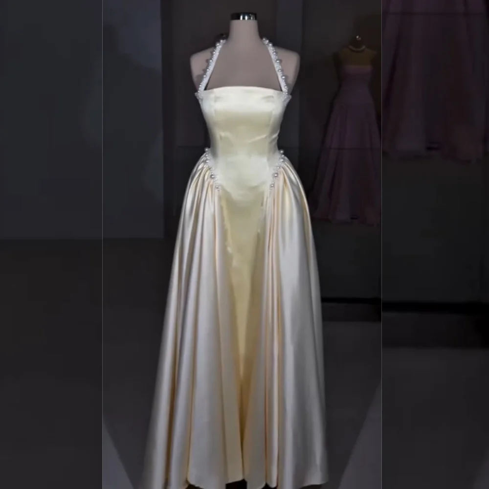

Customized Classic Exquisite Charmeuse Pearl Pleat A-line Halter Long Dresses Bespoke Occasion Intricate
