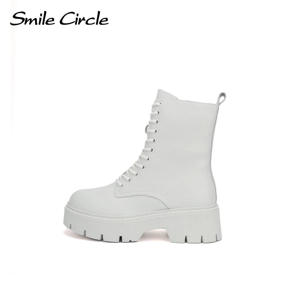 Smile Circle Women Boots Cowhide Lace-up Ankle Boots Fashion Wool New Style Casual Boots