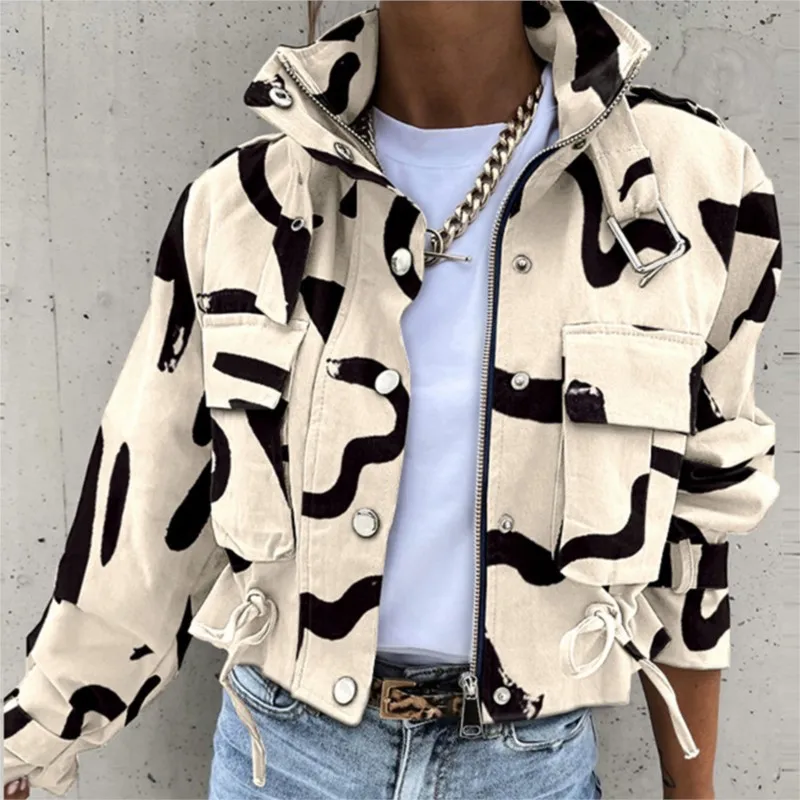 Women\'s Short Print Trench Jacket Coat With Zipper Stand Collar Loose Windbreaker Casual Clothes Fashion Fall Winter Women Coat