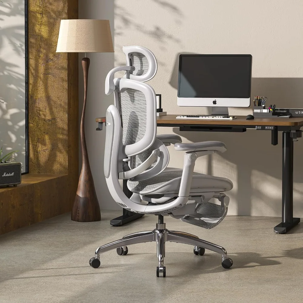 Ergonomic Grey Footrest Chair: Adaptive Support, 8D Armrests, Breathable Mesh, High Back, 135° Recline