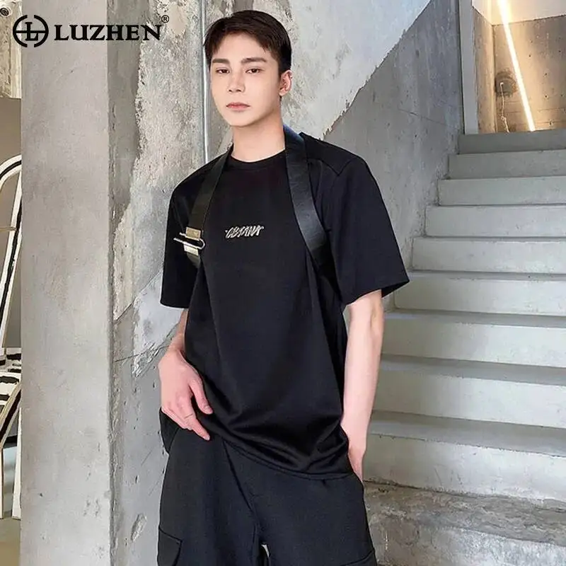 LUZHEN Original Luxury T-shirts Straps Decorate Men's Short Sleeve 2025 Summer Loose High Quality Round Neck Casual Tops JY7531