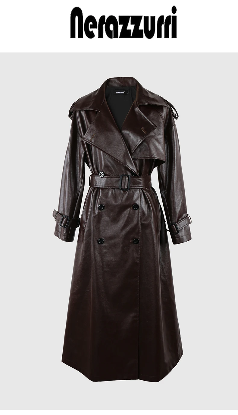 Nerazzurri Spring Autumn Long Oversized Black Pu Leather Trench Coat for Women Belt Double Breasted Loose Casual Korean Fashion