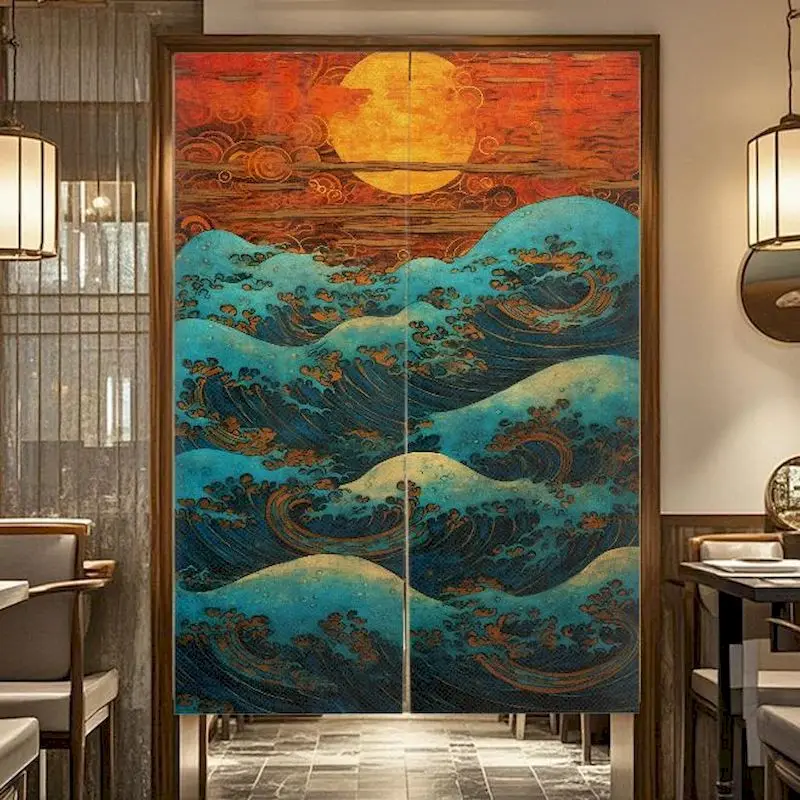 VIKAMA Cliff Pine & Landscape Door Curtain, 6 Designs, Polyester Noren Doorway Cover for Home
