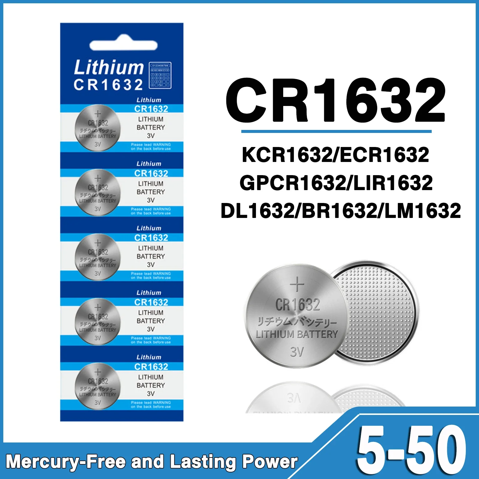 Long Lasting 3V CR1632 Lithium Button Coin Cell Battery DL1632 BR1632 ECR1632 LM1632 KCR1632 for Watch Toys Remote Control