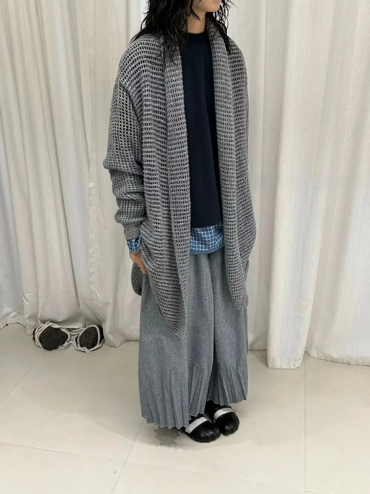 

Свободный вязаный кардиган с вафельным узором в корейском стиле, с длинными рукавами, удлиненный, однотонный