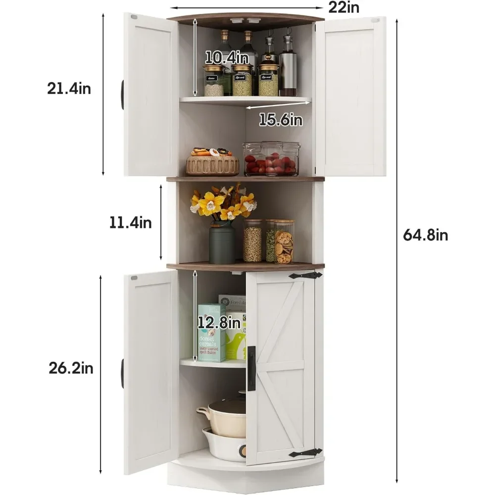 64,8 Zoll großer Bauernhaus-Eckschrank mit 4 Türen und 5 Ablageflächen, Bauernhaus-Aufbewahrungsschrank, platzsparend für das Wohnzimmer