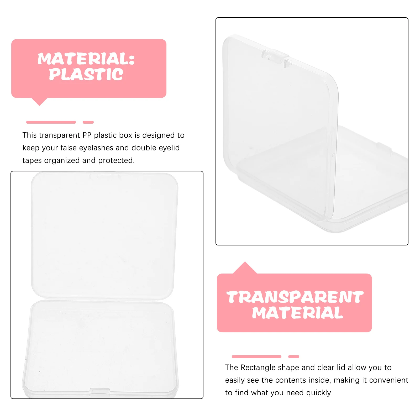 Caja rectangular de plástico transparente para pestañas postizas, organizador de cinta para párpados dobles, estuche de viaje compacto, almacenamiento de pestañas, 3 uds.