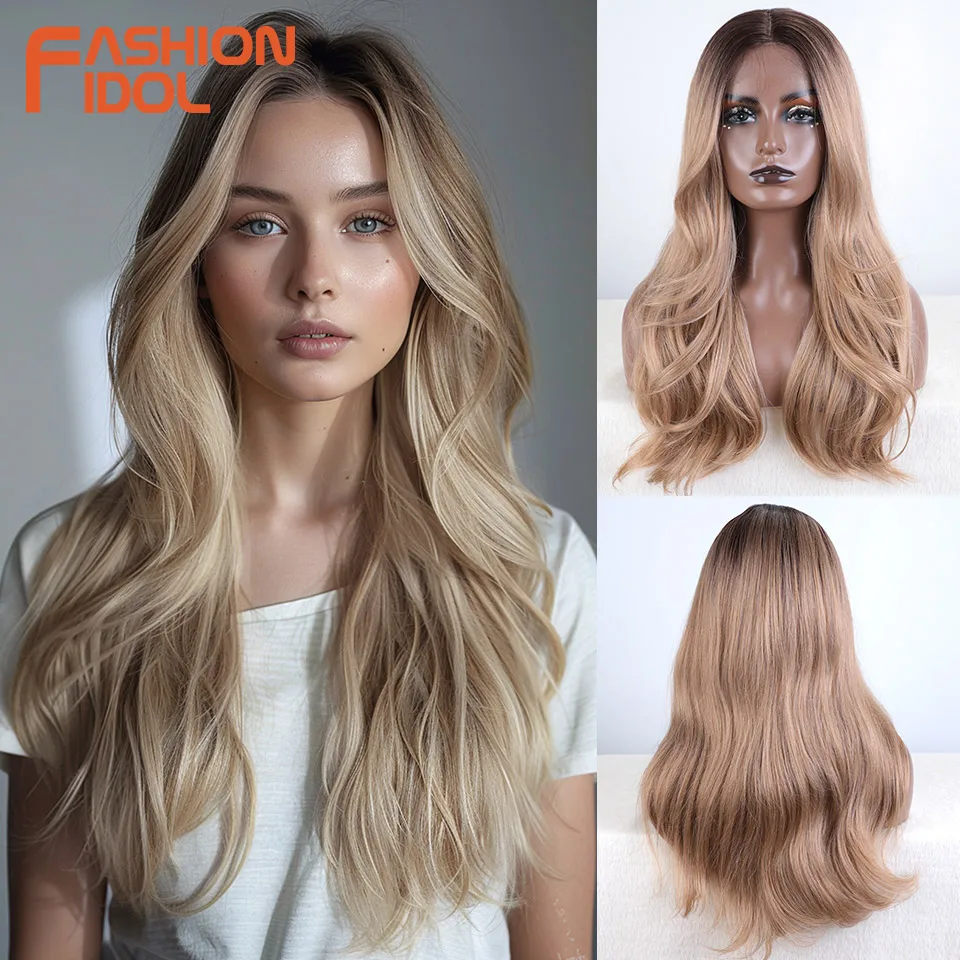 FASHION IDOL 24 inch Body Wave Lace Front Wigs Synthetic With Baby Hair Lace Wigs Ombre Brown Straight Wigs Cosplay For Women