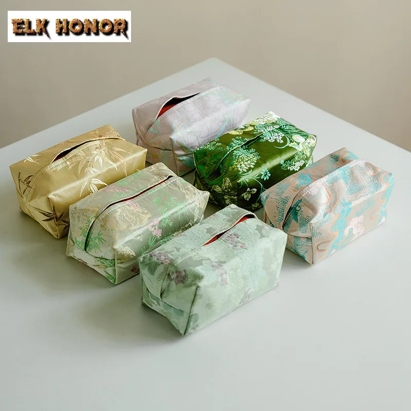

Chinese Woven Brocade Fabric Tissue Box Paper Rack Organizer Wet Wipes Case Paper Drawer Tea Ceremony Napkin Storage Ornaments
