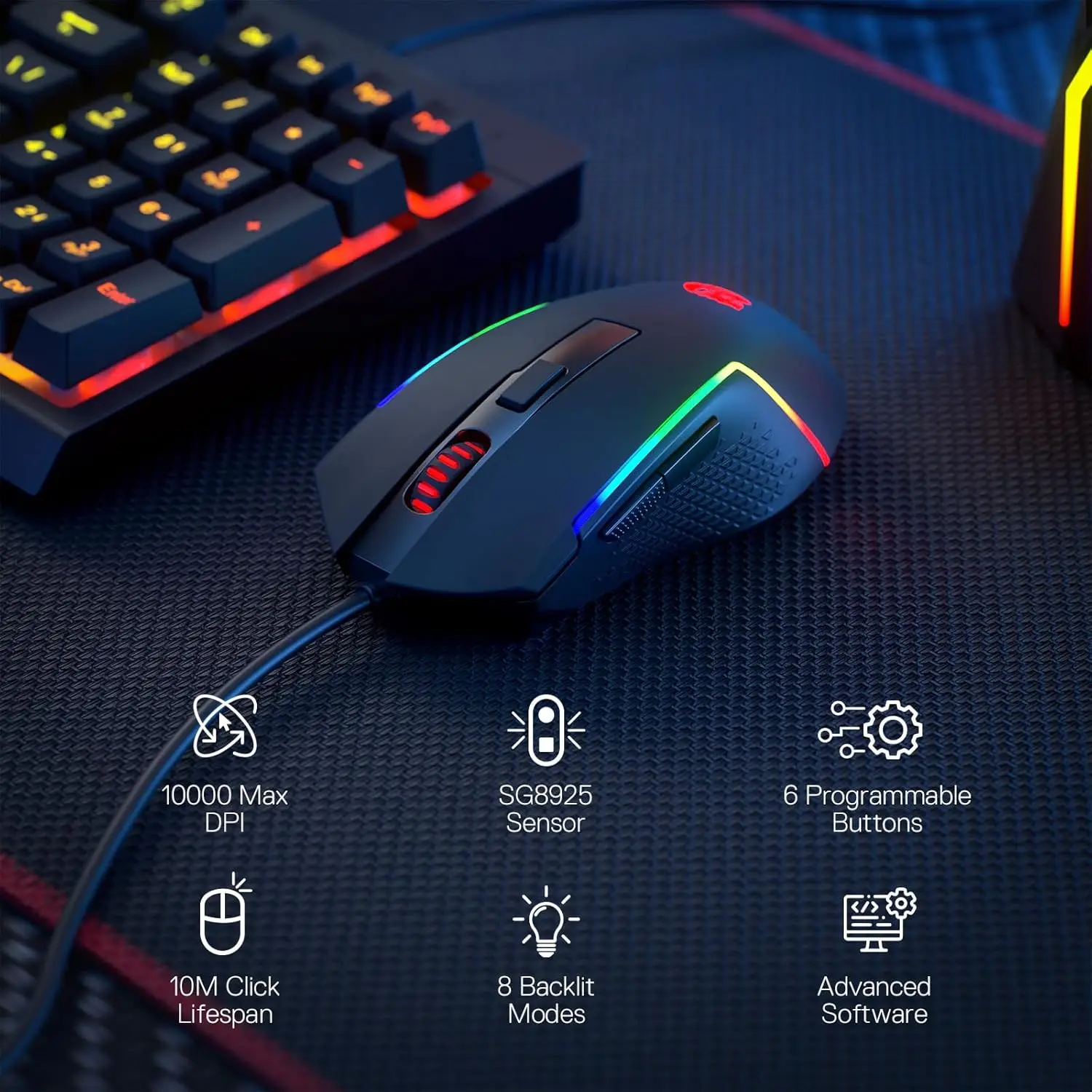 Redragon M616 RGB Gaming 10000 ديسيبل متوحد الخواص سلكي بصري 6 أزرار قابلة للبرمجة 8 أوضاع بإضاءة خلفية برنامج يدعم ماوس Keybinds ذاتي الصنع