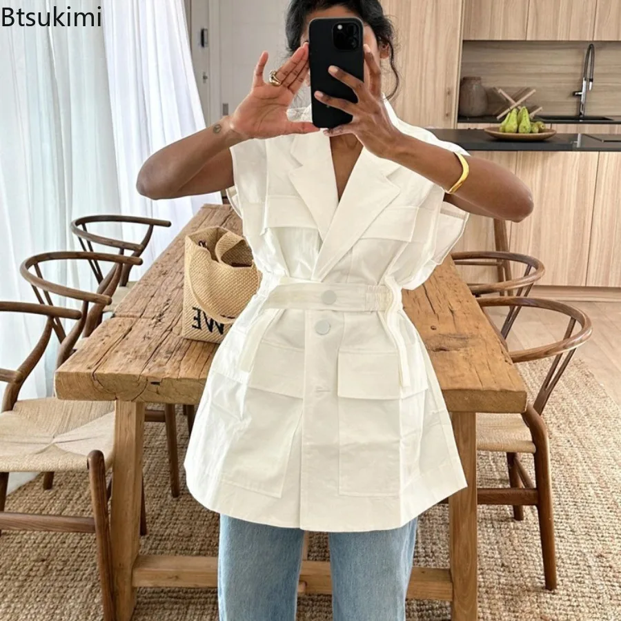 2025 Summer Sleeveless Workwear Shirt Multi-Pocket Design Women Loose  Tops Lapel Collar Button Fashion Solid Color Cardigan Top