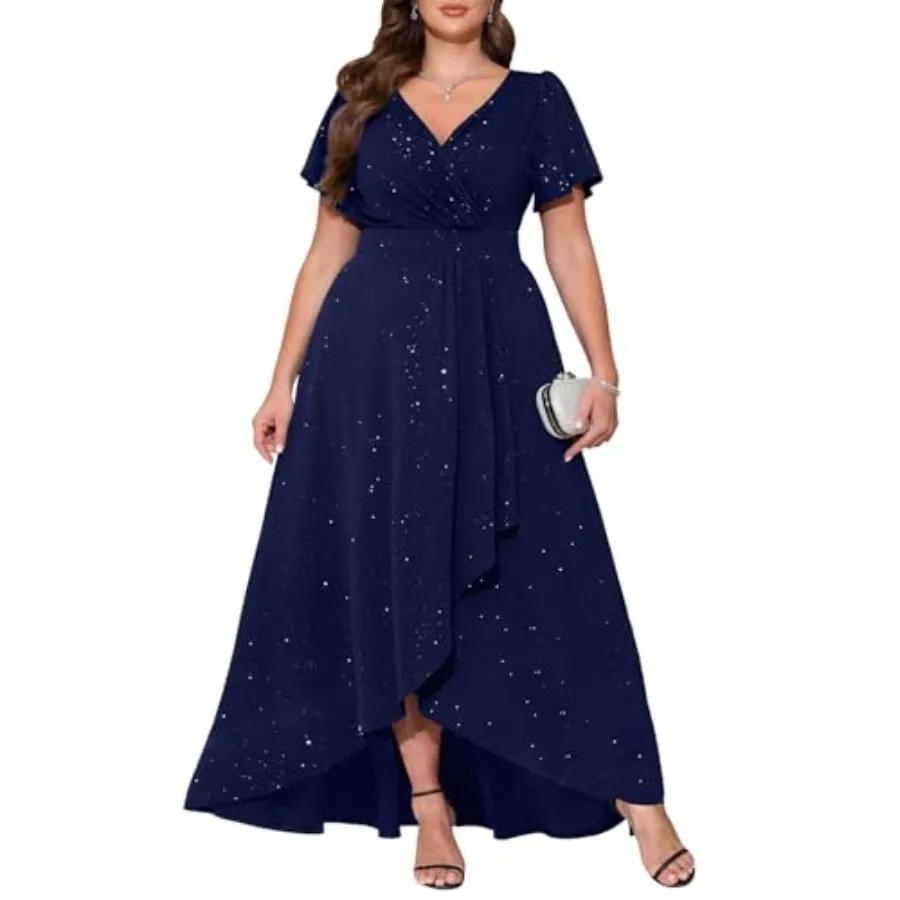 Pinup Fashion Plus Size Formal Dresses - Evening Gowns Wedding Guest Gala Prom Glitter Long Dress with Slit