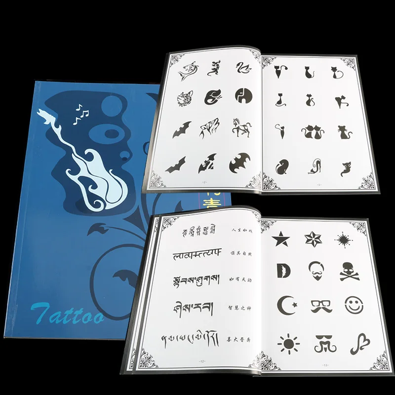 Tattoo Book Five Stars English Letter Feather Symbol Small Logo Skull Butterfly Cat Letter Black White Color Tattoo Manuscript