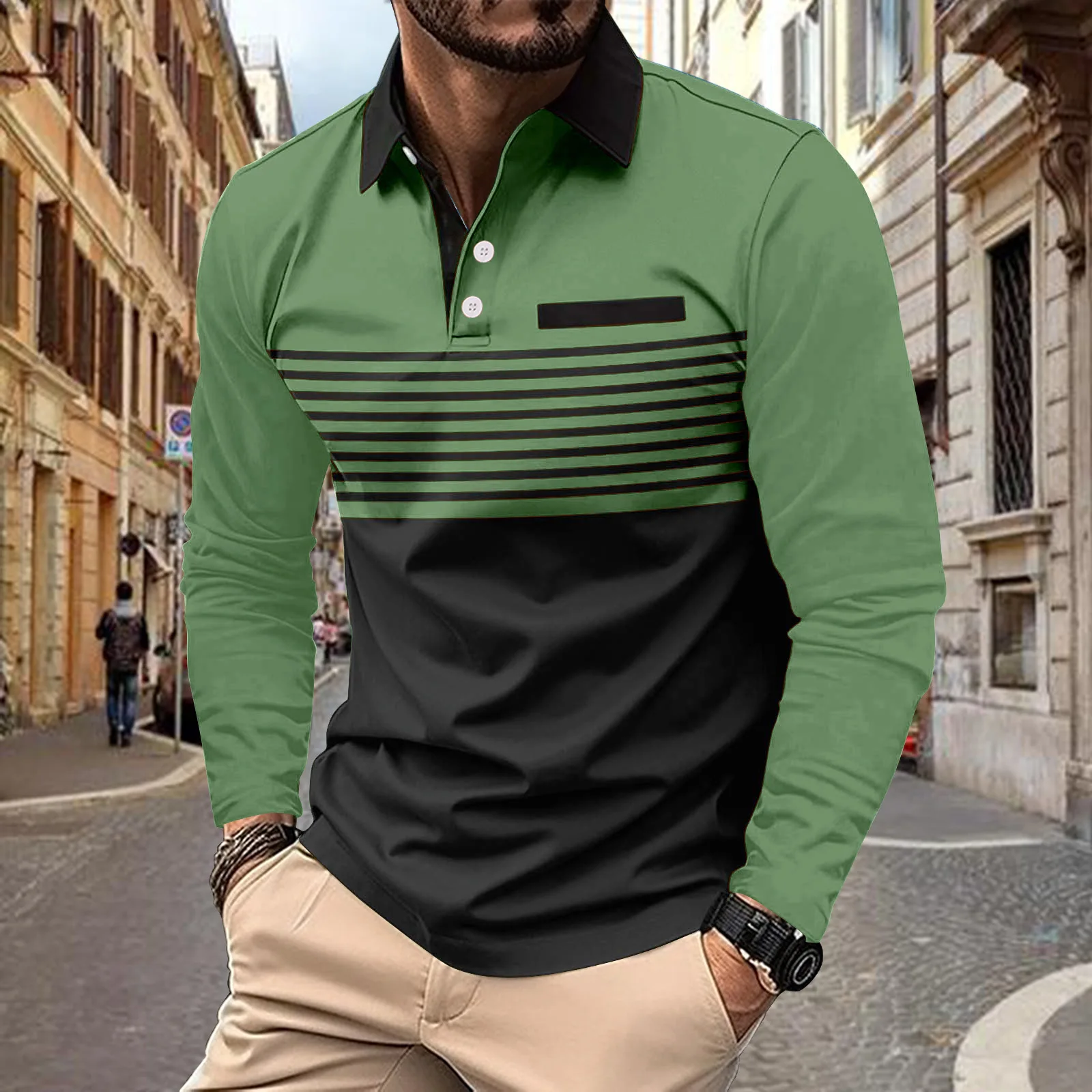 New Trend Men's POLO Shirt Casual Fashion City Color Matching Lapel Button Stripe Dummy Pocket Long Sleeve Tops