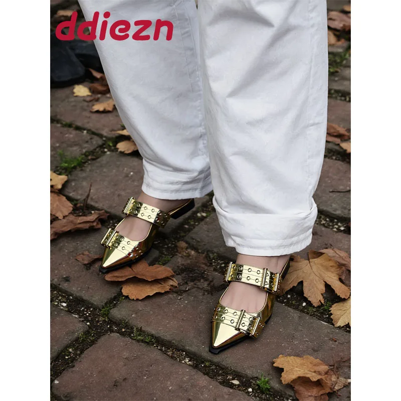 

Большой размер 43, модные женские туфли на плоской подошве с острым носком, повседневные женские дизайнерские туфли с открытой пяткой и пряжкой, женские туфли на плоской подошве, сандалии-мюли