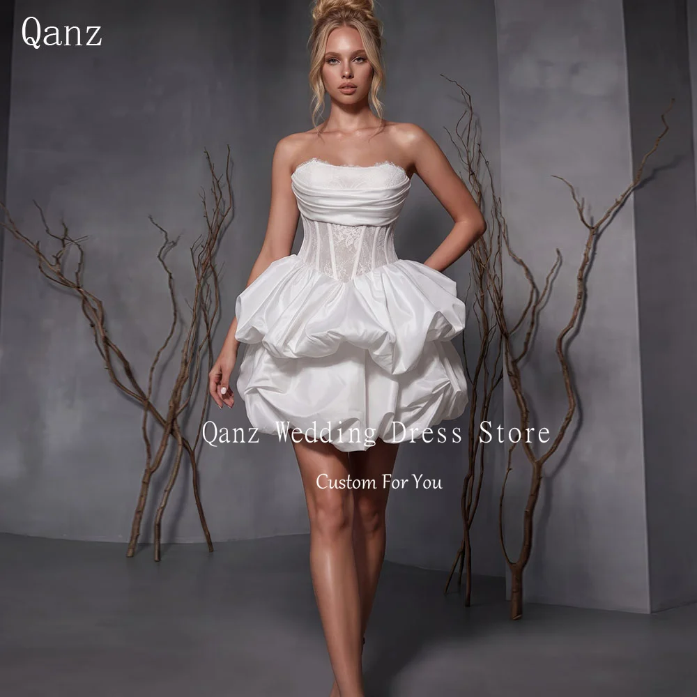 Qanz White Wedding Dresses Bride Short A Line Removable Sleeves Vestido De Noiva Lace Up Back Short Robe De Mariée Customized