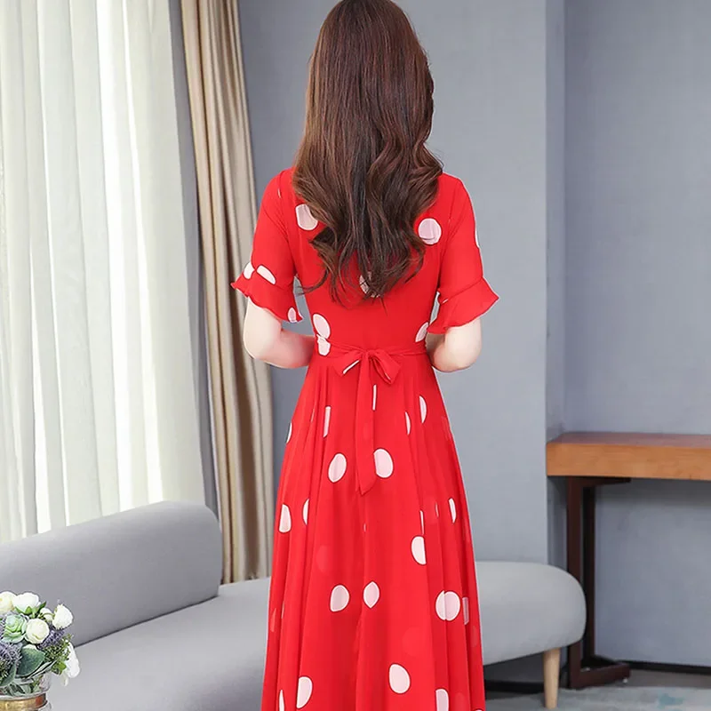 Elegant ยาวผู้หญิง V คอ Polka Dot ชุดชีฟองแขนสั้น 2025 ฤดูร้อนใหม่สุภาพสตรี Casual เอวชุด Vestidos 4XL