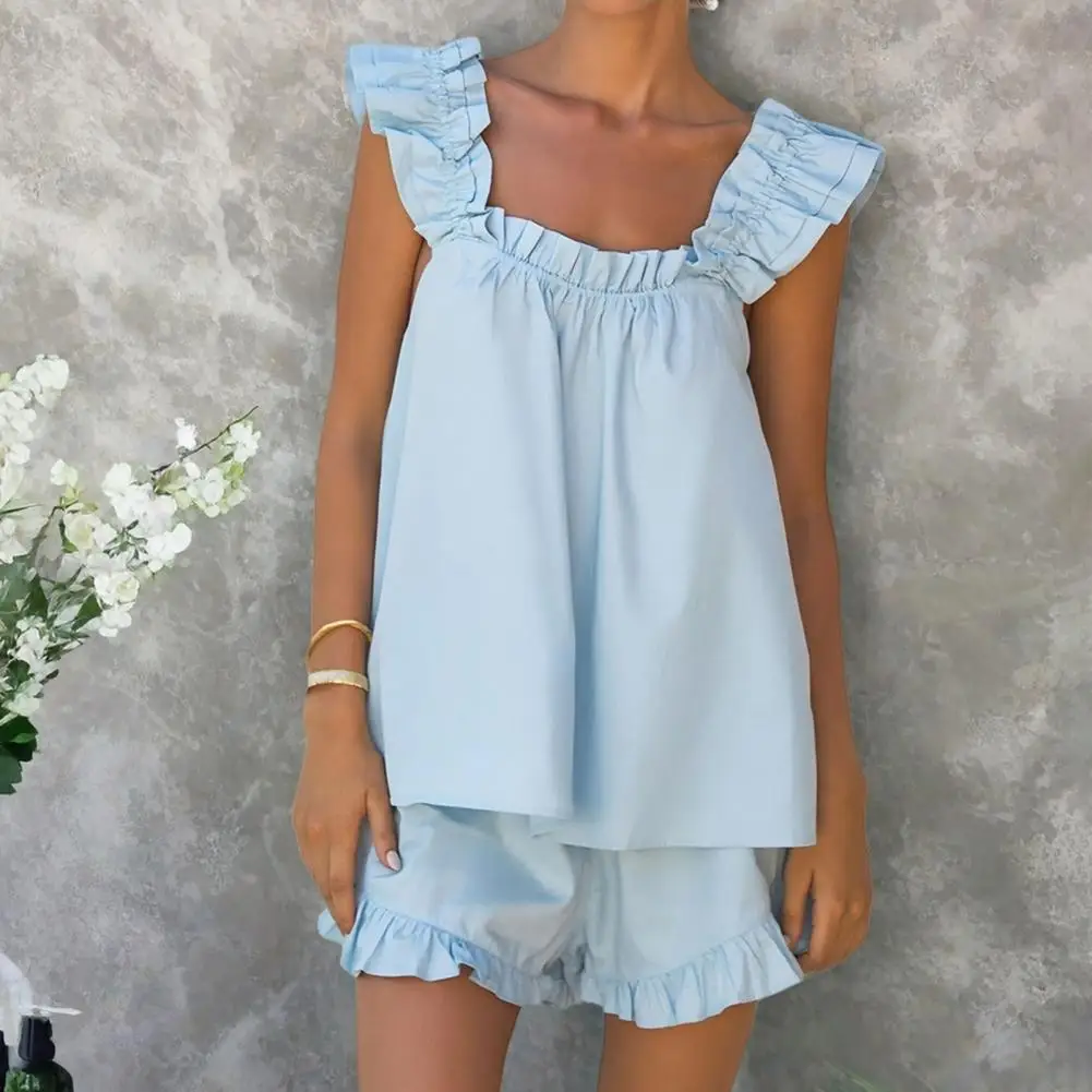 

Womens Pajama Summer 2 Piece Pajamas Sets Ruffle Sleeveless Sling Vest Solid Color Shorts Outfits Sleepwear