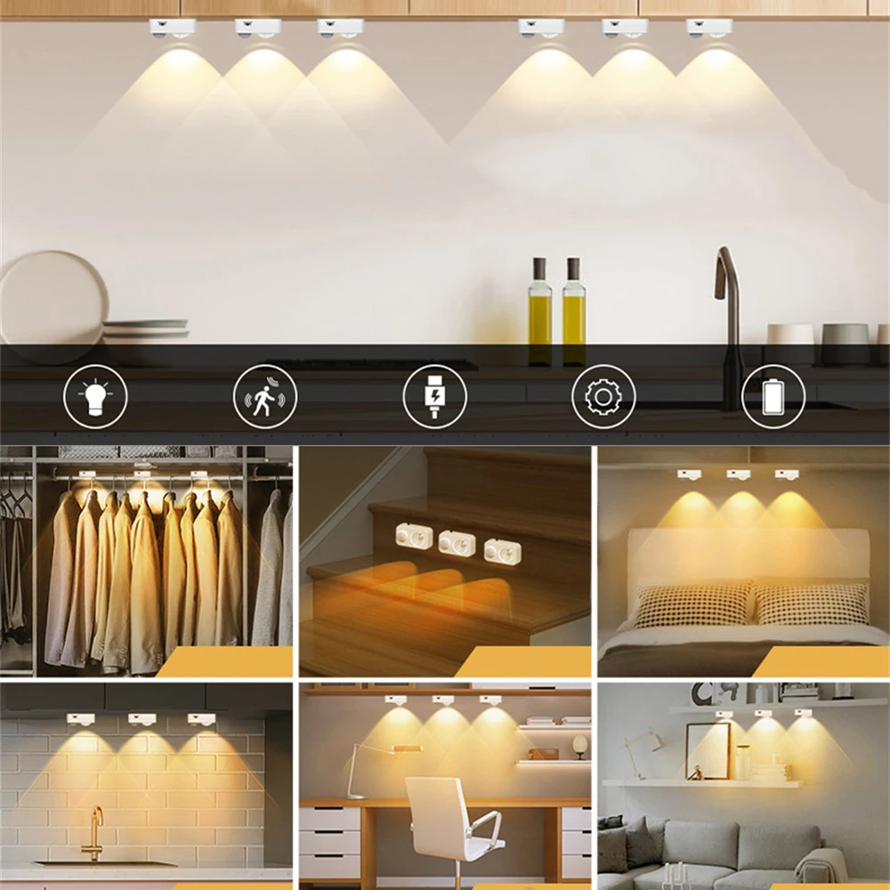 USB Rechargeable PIR Motion& Light Sensor Mini Led Cabinet Light Emergency Light for Kitchen,Stair,Corridor