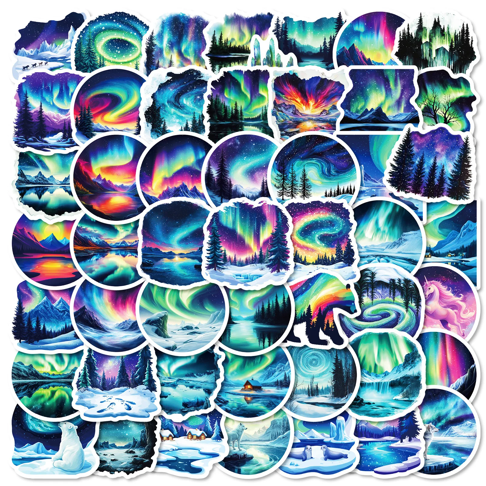 50 Stück Blaue Nordlicht-Aufkleber, Traumhafte Natur-Vinyl-Sticker für Scrapbooking, Journaling & Tägliche Dekoration