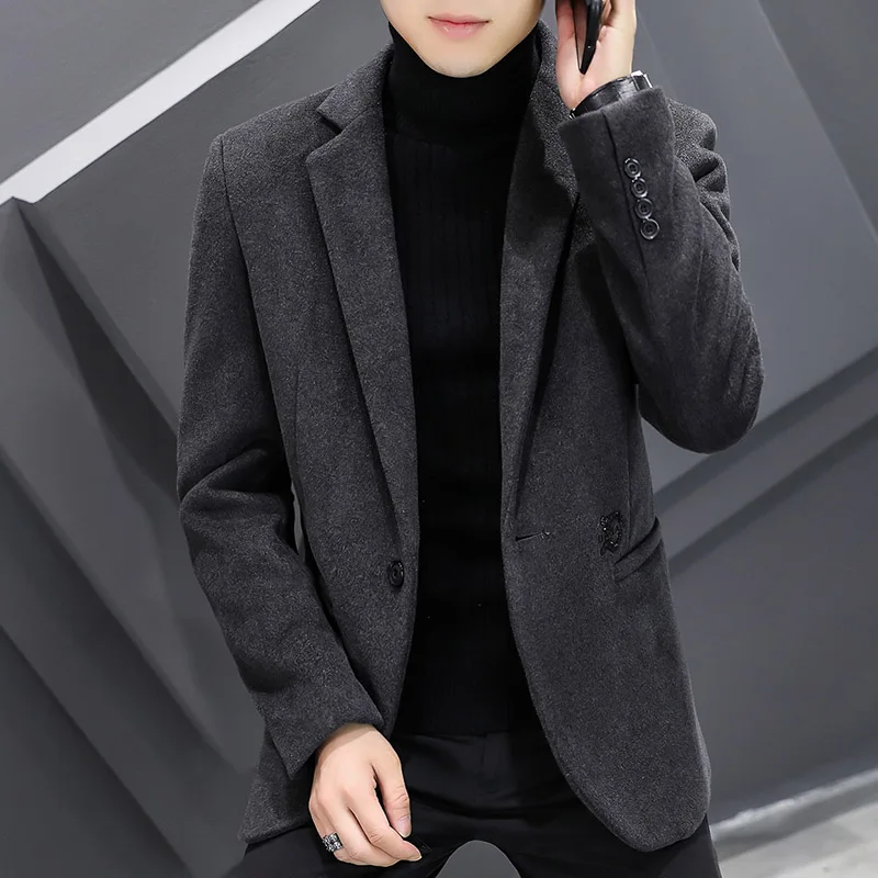 

Pop Nice Men's Autumn Solid Wool Suit Casual Slim Jackets Black Blazer Formal Winter Business Woolen Coats Outwear Tops Clothing