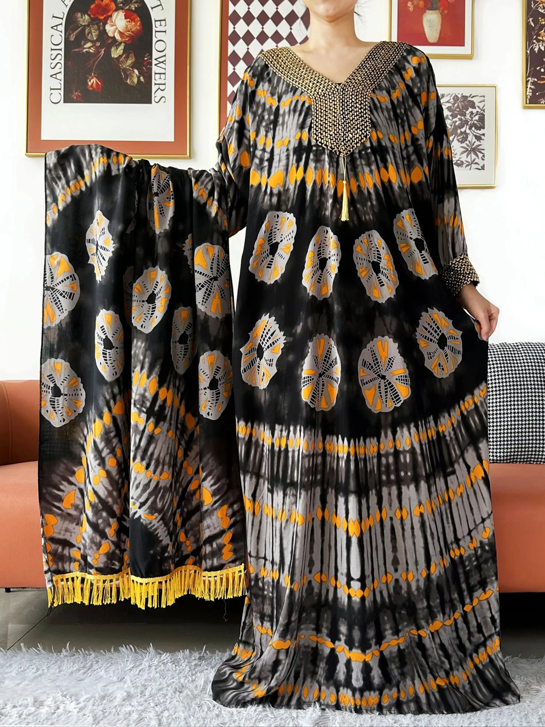Robe musulmane élégante à manches longues, broderie fil d'or, coton pour femmes, ample, Abaya, style Boho, Maxi, tenue décontractée, robes africaines