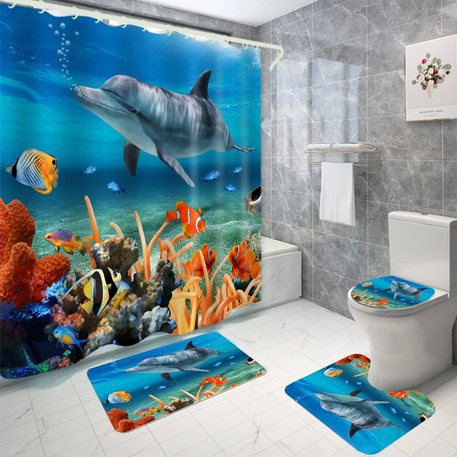 

Shower Curtain and Bathroom Carpet Non-Slip Toilet Set, Home Bathtub Waterproof Shower Curtain 3D Printed Durable Polyester Fabr