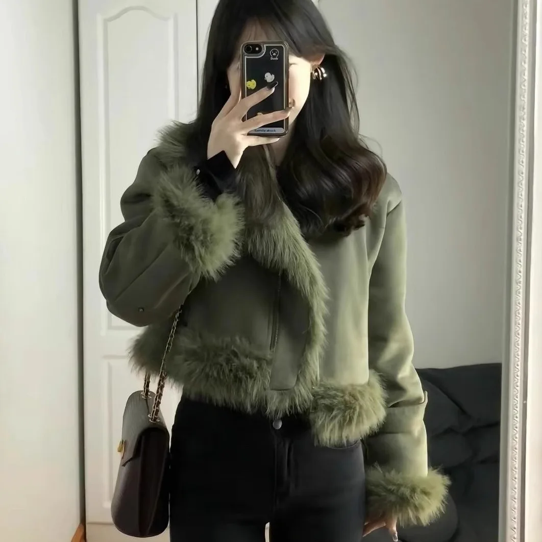 

Women Coats Solid Short Jackets Zipper Pocket Turn Down Collar Long Sleeve Thick Loose Fit Casual Office Lady 2025 Autumn Winter