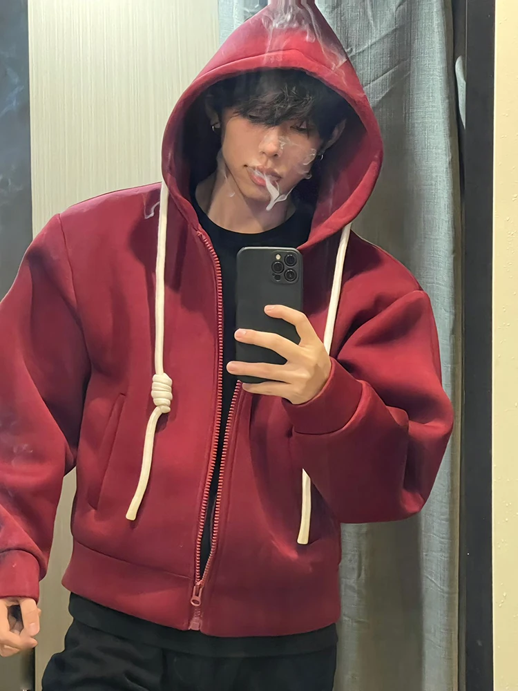 

Red Wine ort Open Cardigan Hoodie Men's Autumn Winter American Retro Jaet New Year's Battle Armor Casual Loose Fit Polyes...
