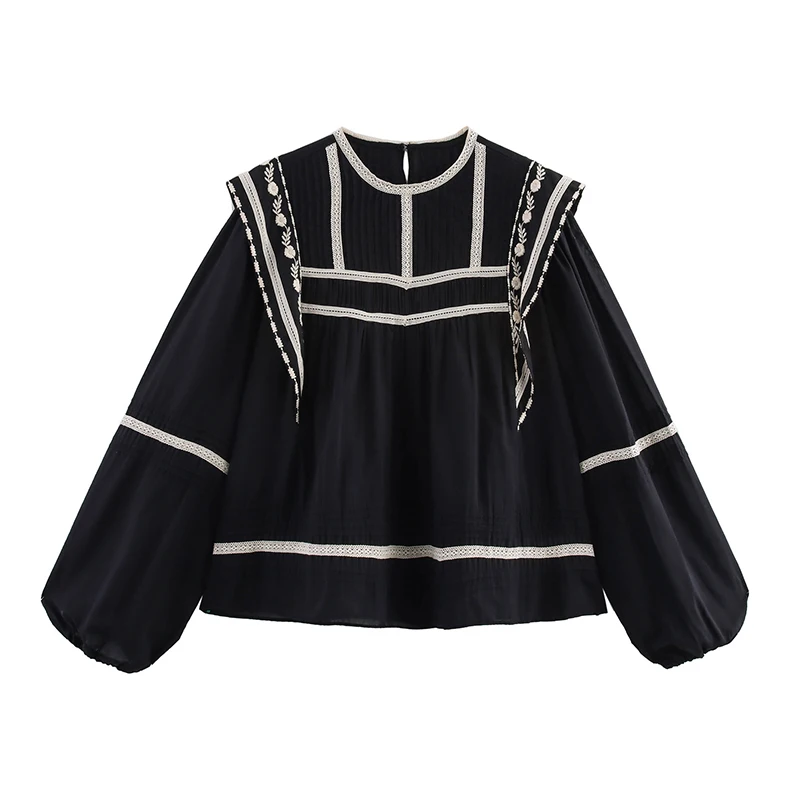 

YENKYE Spring 2025 Women Contrasting Embroidery Black Blouse Puff Sleeve Round Neck Casual Vintage Tops Streetwear Blusas Mujer