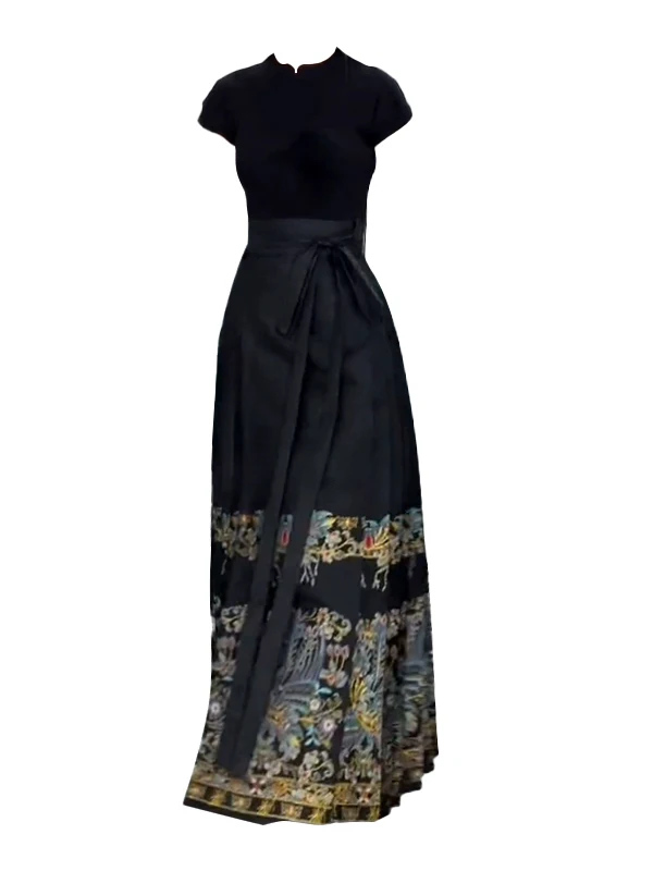 

plus Size Women's Summer New Vintage Print ort Sve T-irt High Waist Belted Midi Skirt Two Piece Set Fem Summer Outfit
