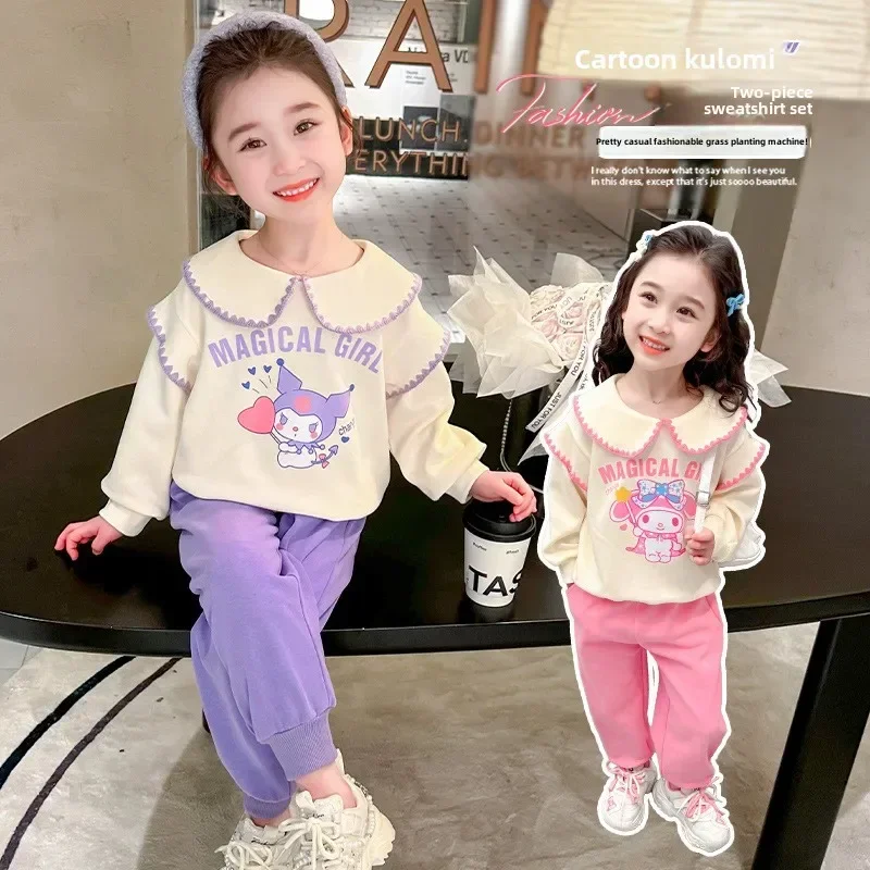 Anime Sanrio My Melody Children's Clothes Fashion Sweater Sweatpants Casual Kawaii New Kuromi Girls Two Piece Set Birthday Gifts