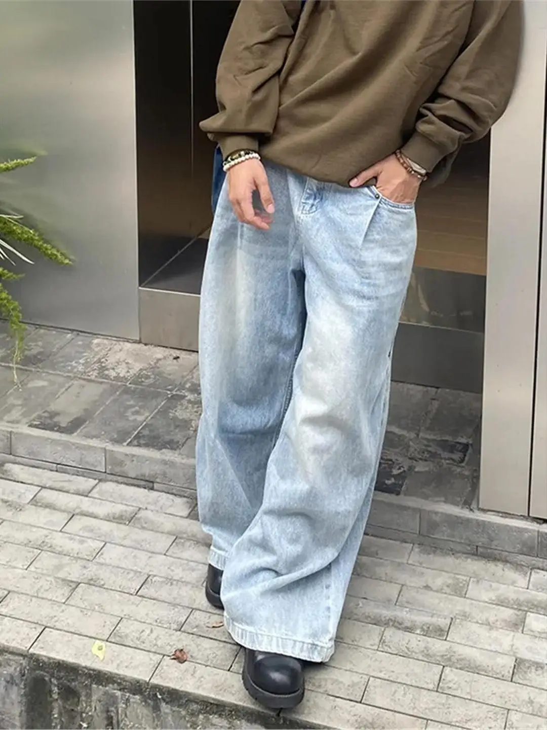 

Retro American Waed Men's Jeans Loose Wide Leg Casual Straight Cut kets Vintage Blue Denim Trousers for Men