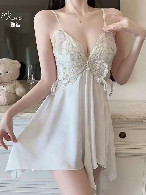 مثير الدانتيل شبكة فراشة فستان مُزين بطباعة عارية الذراعين العميق الخامس الحمالات فستان بلا أكمام رغبة نقية عادية ساحرة أنيقة 8JBH #4