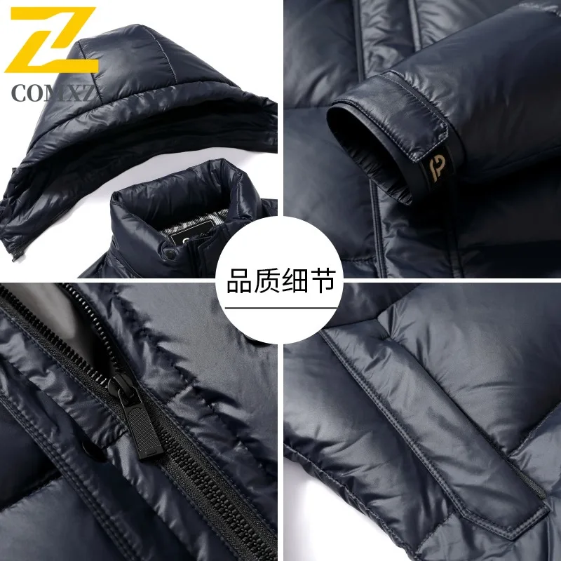 COMXZ Men Warm 90% white duck Down Jacket Winter Business Casual Removable Down Liner Hood Puffer Coat Outwear Solid Thick Parka