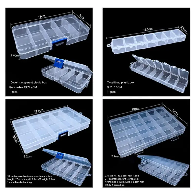 Caixa de armazenamento plástica transparente para a casa, organizador do comprimido, joia, brincos, suporte do grânulo, armazenamento do alimento