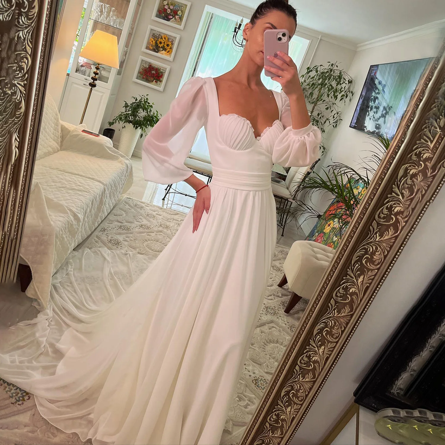 

Simple Long Sheer Chiffon Sleeves Sweetheart Bridal Gowns Elegant Ruched Shell Bust Closed Back Zipper A Line Wedding Dress