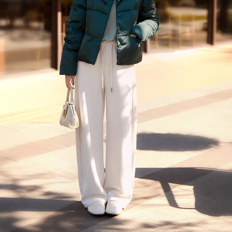 Birdtree Wool Blended Straight Pants,Woman Elastic Waist Drawstring Trousers,Commute Style,2025 Autumn Casual Pants P5N417JF