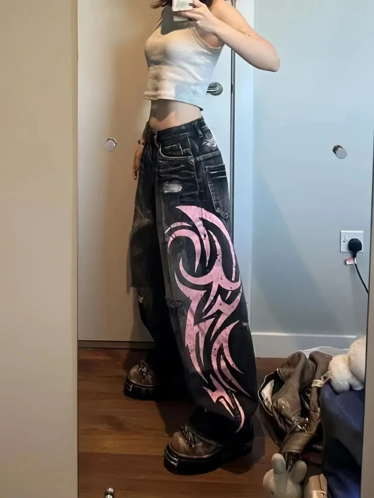 Deeptown Y2k Vintage Gothic Jeans Women Harajuku Print Grunge Baggy Denim Trousers Punk Hip Hop Black Streetwear Wide Leg Jeans