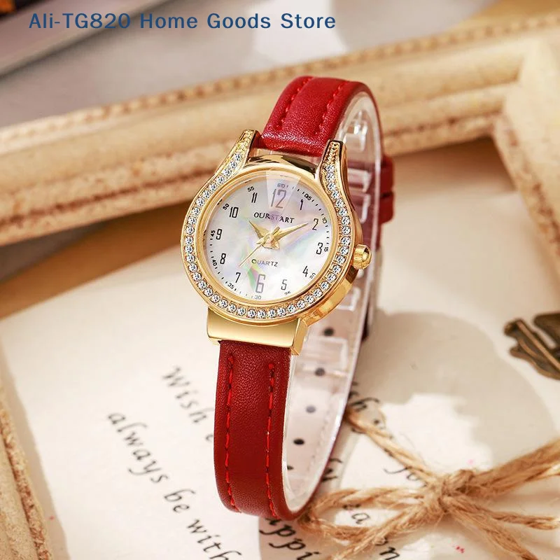 [TG820]Women Quartz Watch Rhinestone Bezel Gold Case PU Leather Strap Perfect For Daily Wear Dating Gifting
