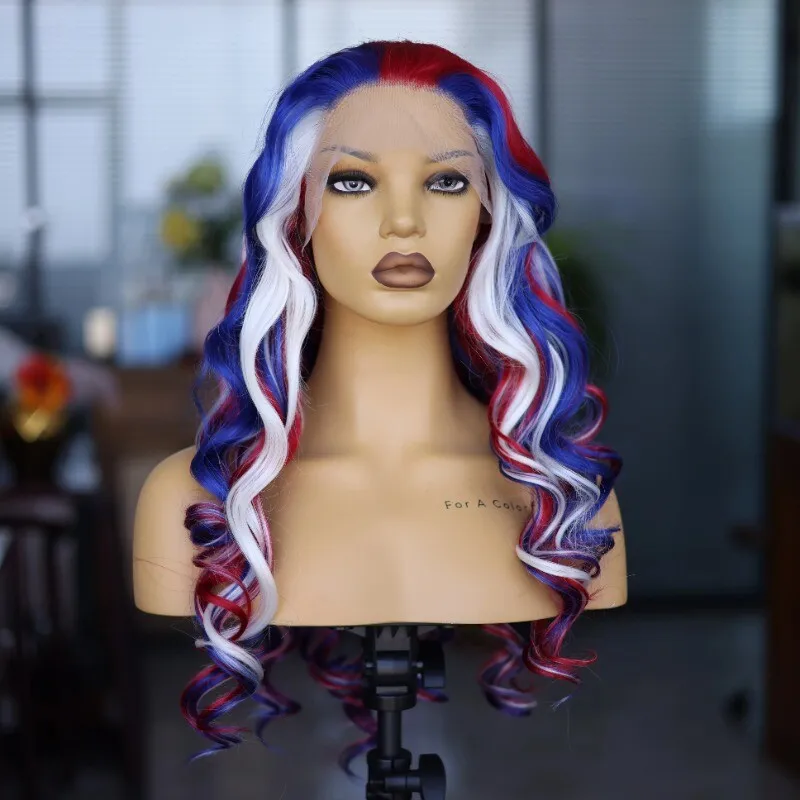 White Blue Red Long Wave Hair Front Lace Synthetic Party Wigs Cosplay Christmas