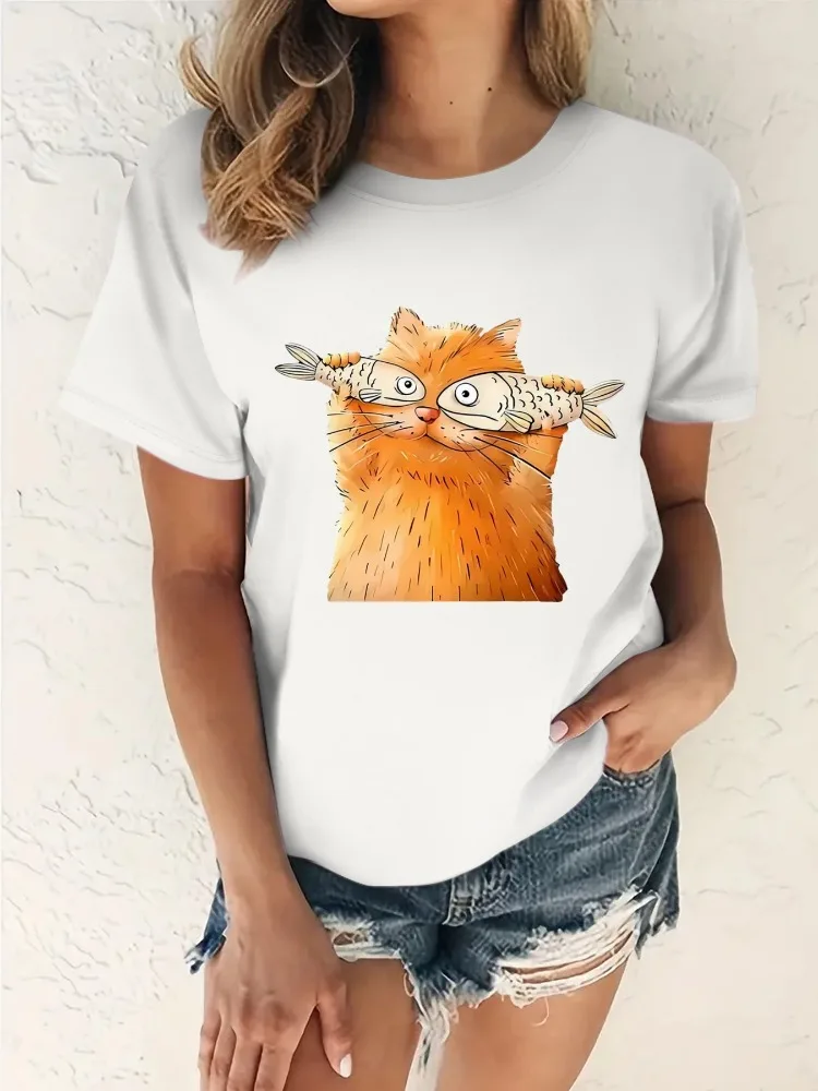 Cute Cat Holding Fish Printed Short Sleeved Women's Fashionable Casual Round Neck T-shirt Plus Size Shirt Comfortable Clothing